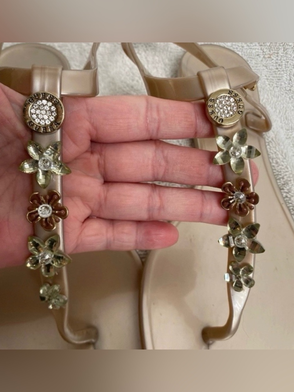 Guess Women's Rose Gold Jelly Rhinestone Bling Addison Sandals Size 8M Coastal - Picture 6 of 10